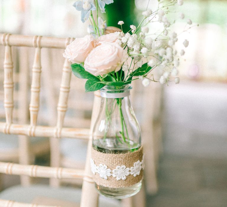 Milk Bottle wrapped in Hessian & Lace Chair Back Decor