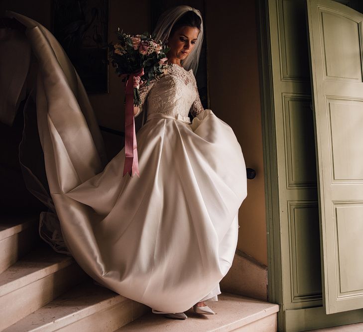 Elegant Pronovias Bride For A Destination Wedding At Chateau de Cazenac With Rustic Rose Floral Arrangements And Images From Samuel Docker