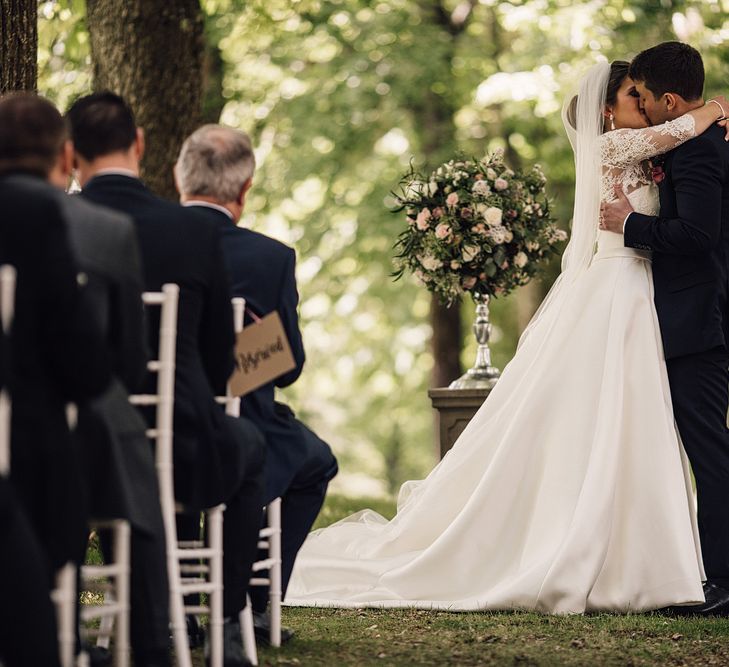 Elegant Pronovias Bride For A Destination Wedding At Chateau de Cazenac With Rustic Rose Floral Arrangements And Images From Samuel Docker