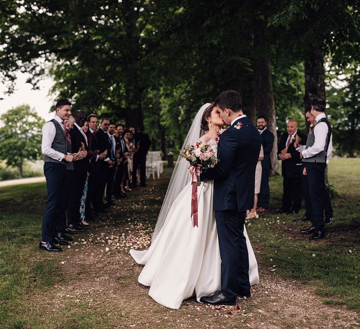 Elegant Pronovias Bride For A Destination Wedding At Chateau de Cazenac With Rustic Rose Floral Arrangements And Images From Samuel Docker