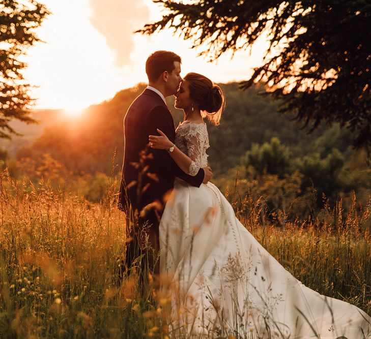 Elegant Pronovias Bride For A Destination Wedding At Chateau de Cazenac With Rustic Rose Floral Arrangements And Images From Samuel Docker