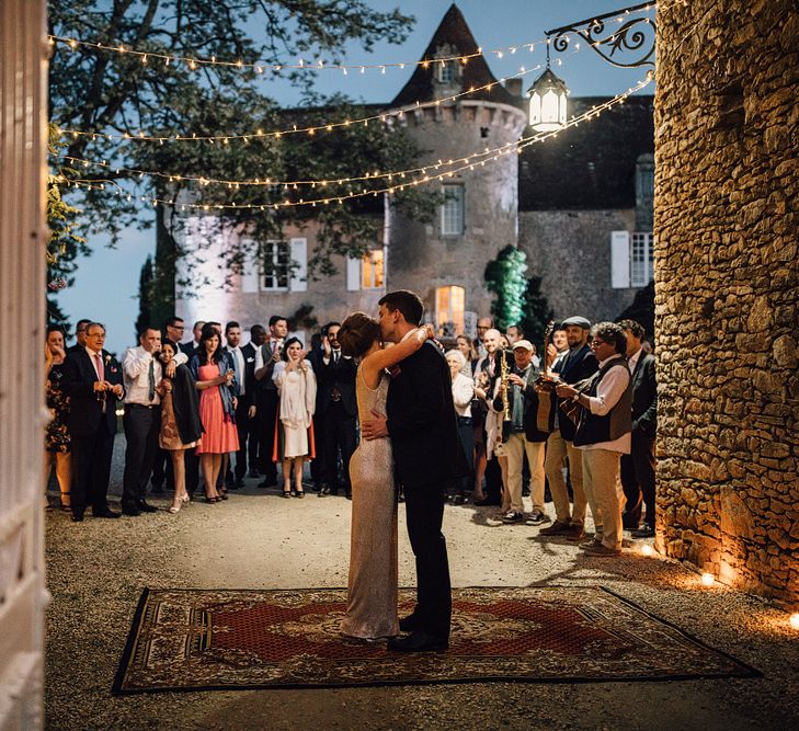 Elegant Pronovias Bride For A Destination Wedding At Chateau de Cazenac With Rustic Rose Floral Arrangements And Images From Samuel Docker