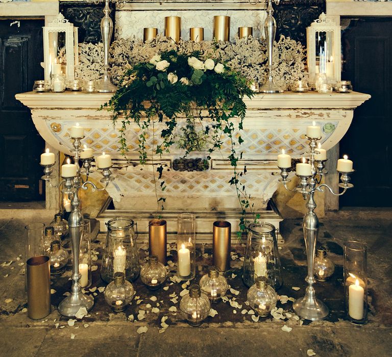 Chapel Altar with Candelabras, Tea Lights & Lanterns Decor