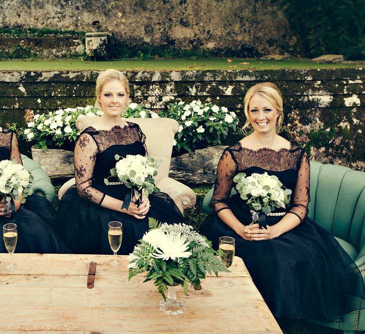 Bridesmaids in Black Bride in Bespoke Lyn Ashworth by Sarah Barrett Dresses