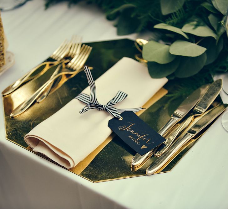 Elegant Place Setting with Gold Platter & Mono Stripped Ribbon