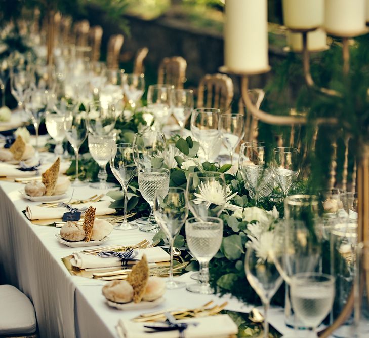 Elegant Table Scape with Greenery Table Runner & Gold Candelabras