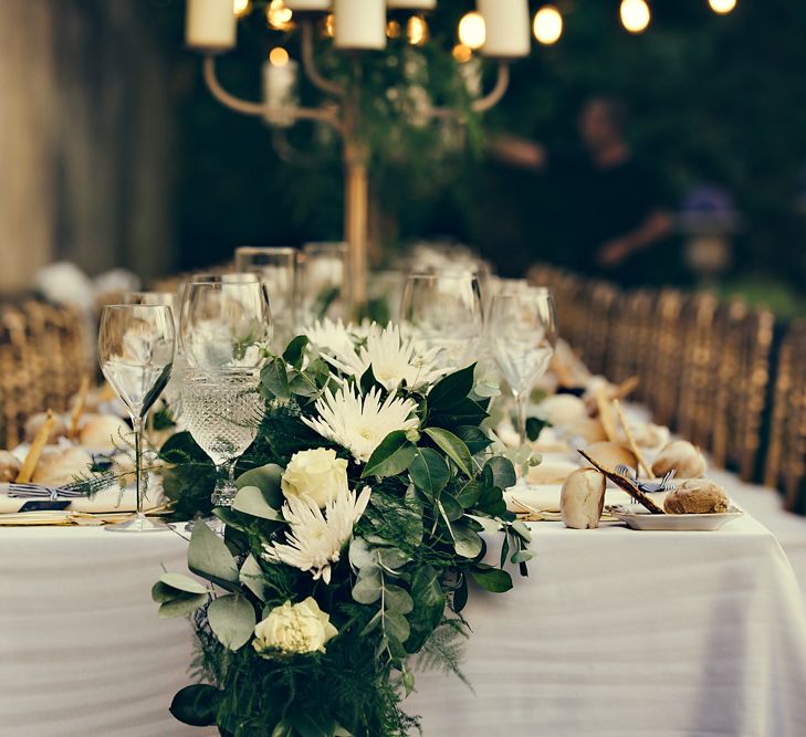 Elegant Table Scape with Greenery Table Runner & Gold Candelabras