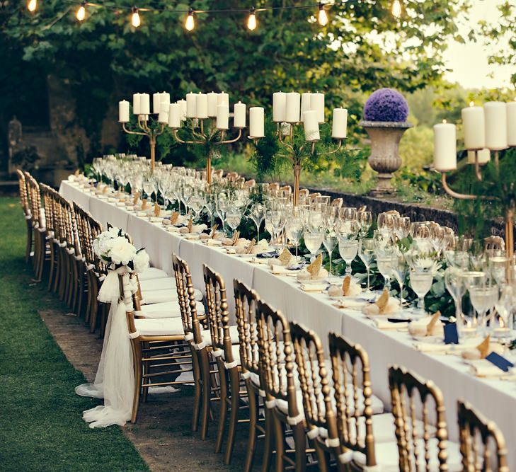 Elegant Table Scape with Greenery Table Runner & Gold Candelabras