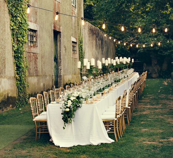 Elegant Table Scape with Greenery Table Runner & Gold Candelabras