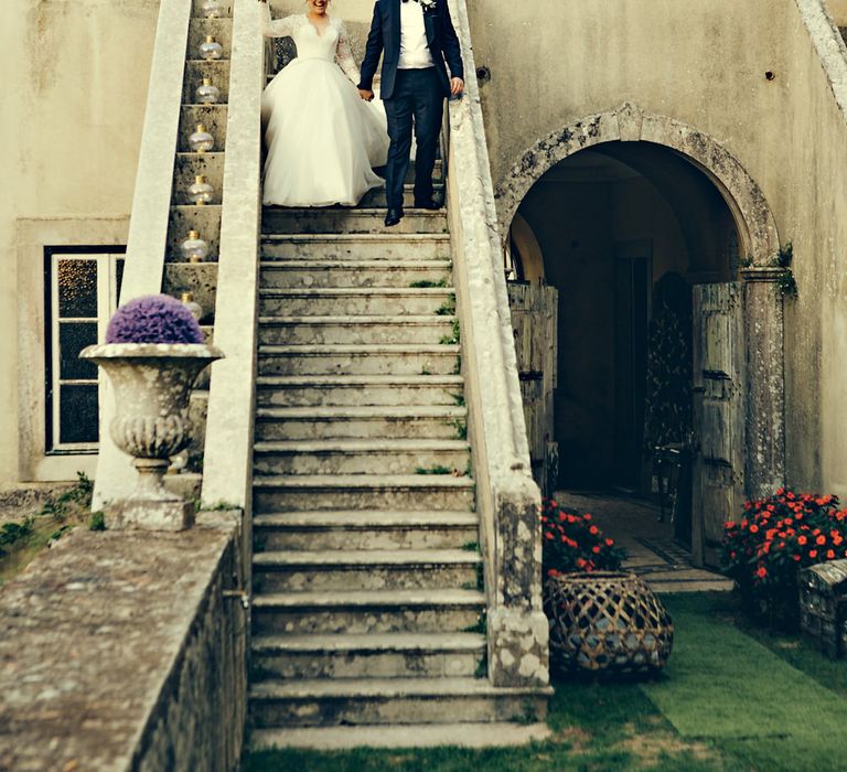 Bride in Bespoke Lyn Ashworth by Sarah Barrett Wedding Dress & Groom in Charles Tyrwhitt Black Tie Suit