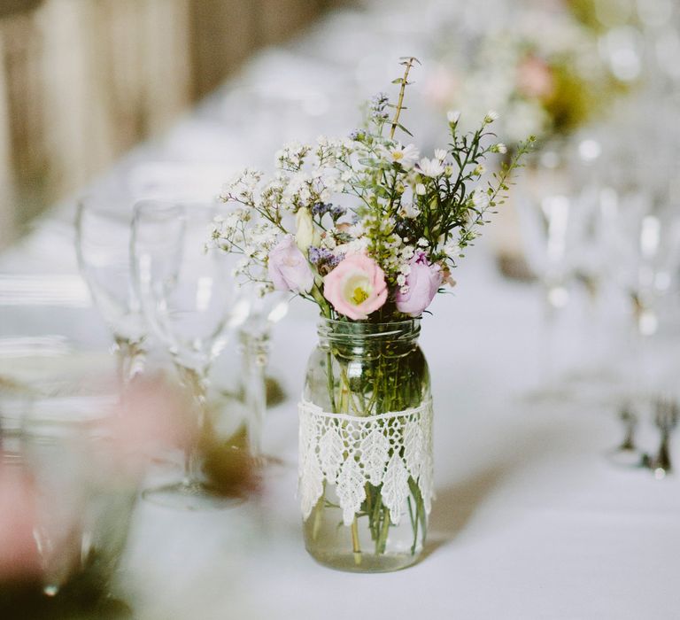 Flower Stems in Jam Jars Covered in Lace | David Jenkins Photography | Confetti & Silk Films