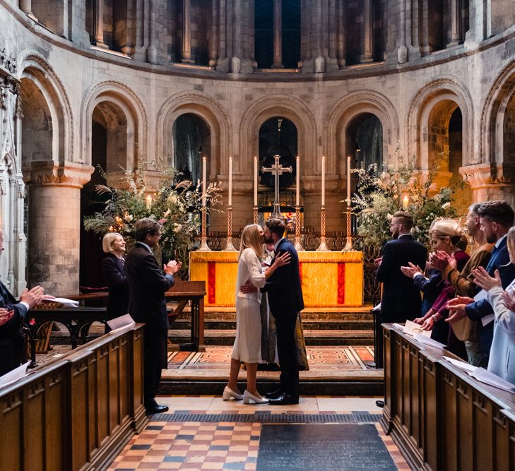 Wedding Ceremony | Bride in Pleats Please Issey Miyak Dress | Groom in Beggars Run Suit | Chic London Wedding at St Bartholomew the Great Church & St John Bar & Restaurant | Helen Abraham Photography