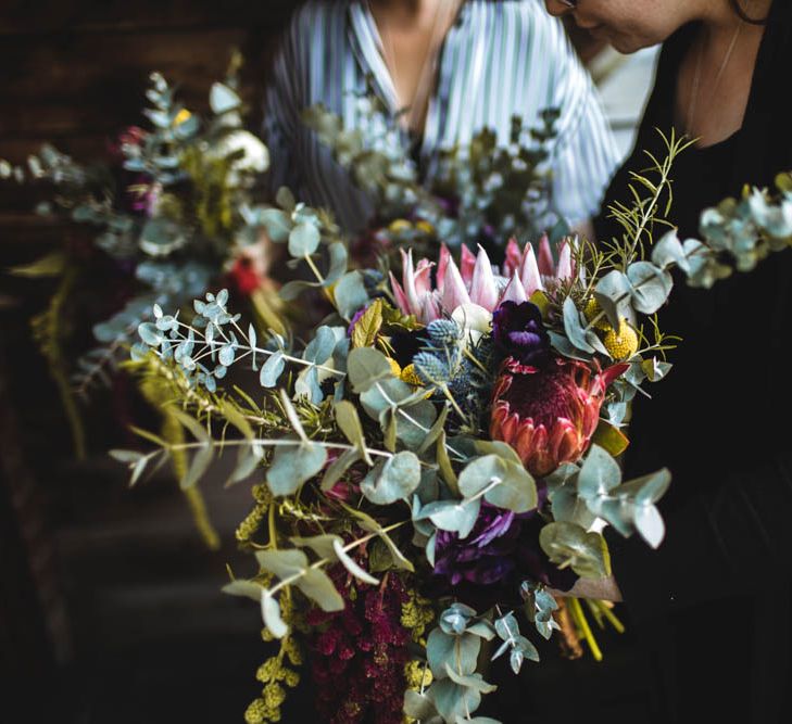 Protea Wedding Bouquet // Pub Wedding At The White Horse Chichester With Bride In Limor Rosen And Groom In Ted Baker With Images From Victoria Popova Photography