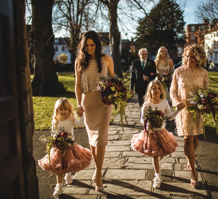 Wedding Party In Tonal Shades Of Pink // Pub Wedding At The White Horse Chichester With Bride In Limor Rosen And Groom In Ted Baker With Images From Victoria Popova Photography