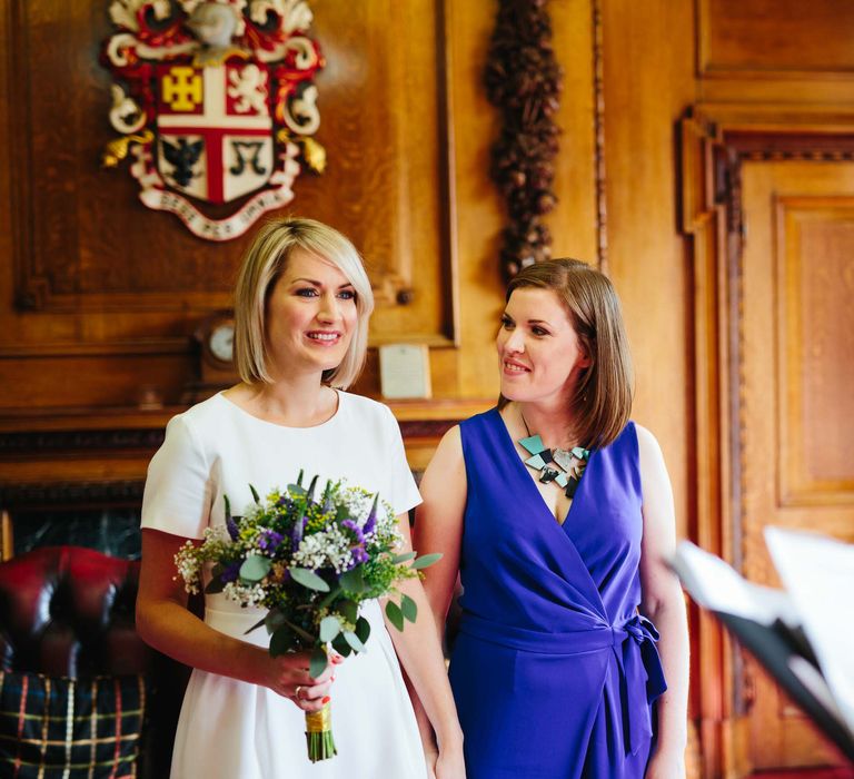 Two Brides in White Hugo Boss Dress & Cobalt Blue Diane Von Furstenberg Jumpsuit