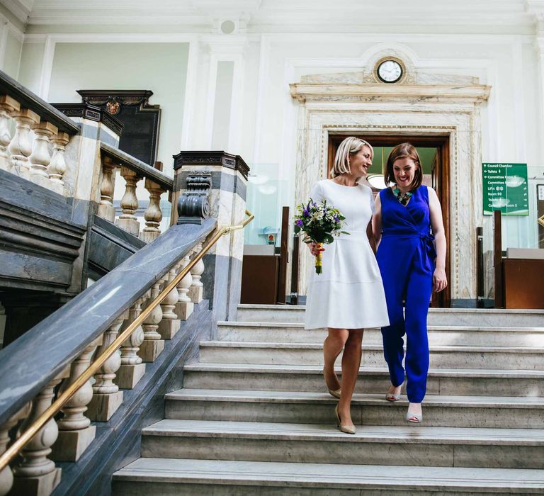 Two Brides in White Hugo Boss Dress & Cobalt Blue Diane Von Furstenberg Jumpsuit