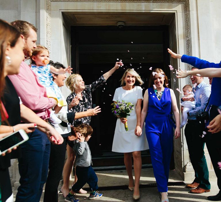 Two Brides in White Hugo Boss Dress & Cobalt Blue Diane Von Furstenberg Jumpsuit