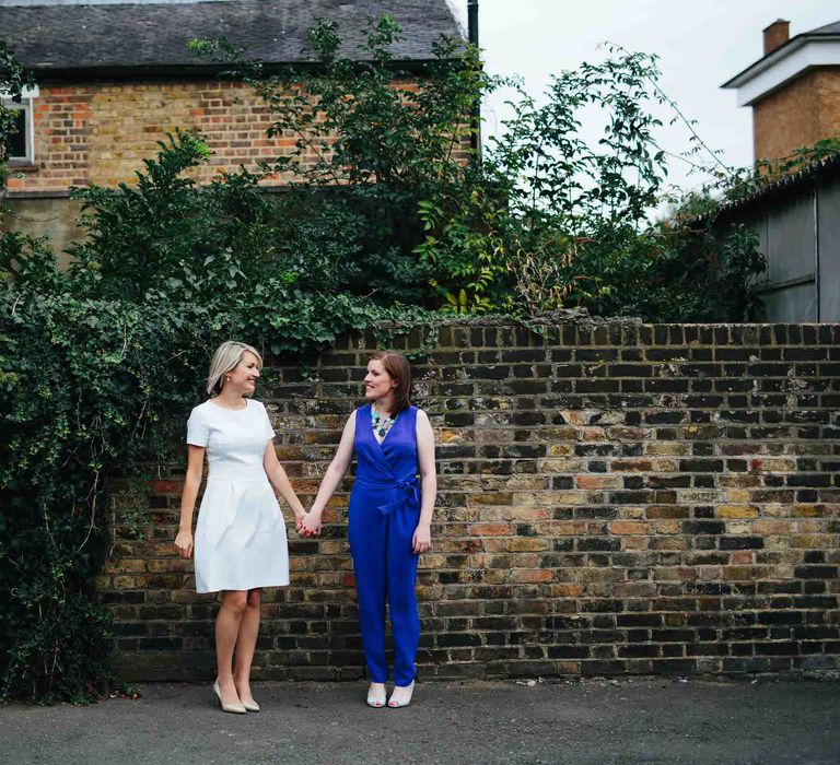 Two Brides in White Hugo Boss Dress & Cobalt Blue Diane Von Furstenberg Jumpsuit