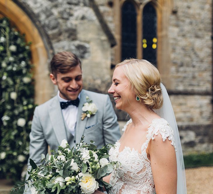 Bride & Groom Church Courtyard | Bride in Backless Berta Wedding Dress | Miss Gen Photography