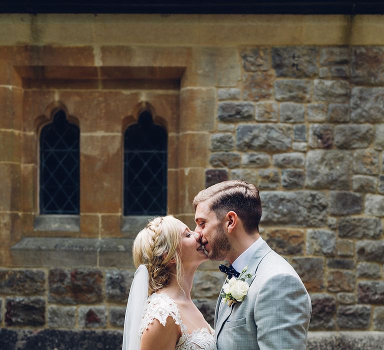 Bride & Groom Church Courtyard | Bride in Backless Berta Wedding Dress | Miss Gen Photography