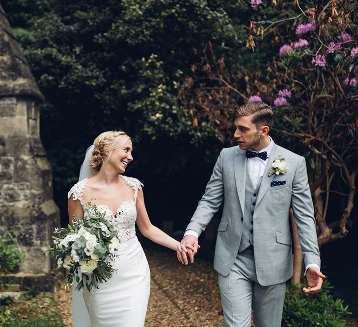 Bride & Groom Church Courtyard | Bride in Backless Berta Wedding Dress | Miss Gen Photography