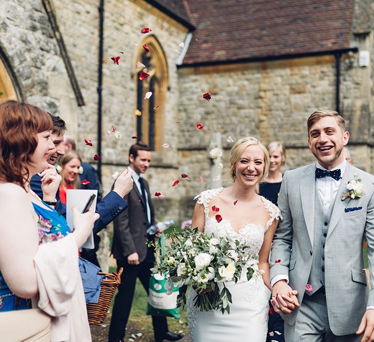 Bride & Groom Church Courtyard | Bride in Backless Berta Wedding Dress | Miss Gen Photography