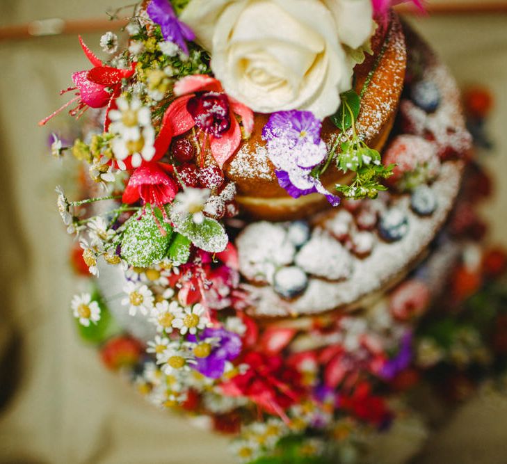 Naked Wedding Cake With Flamingo Cake Toppers