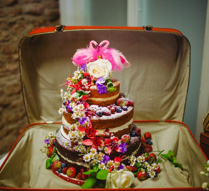 Naked Wedding Cake With Flamingo Cake Toppers