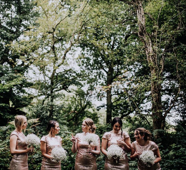 Bridesmaids in Gold Sequin Gowns | Bride in Rosa Clara Naim Bridal Gown | Stylish Woodland Wedding in Cheshire | Clara Cooper Photography | Story Board Weddings Films