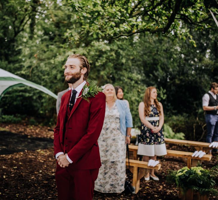 Outdoor Wedding Ceremony | Groom in Bespoke Burgundy Suit | Stylish Woodland Wedding in Cheshire | Clara Cooper Photography | Story Board Weddings Films