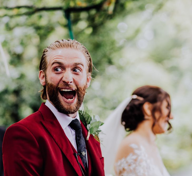 Groom in Bespoke Burgundy Suit | Stylish Woodland Wedding in Cheshire | Clara Cooper Photography | Story Board Weddings Films