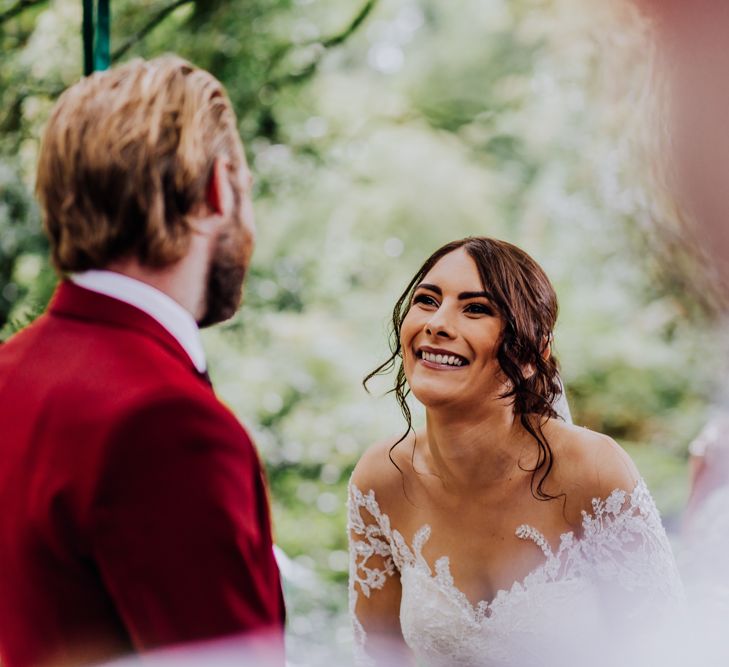 Outdoor Wedding Ceremony | Bride in Rosa Clara Naim Bridal Gown | Groom in Bespoke Burgundy Suit | Stylish Woodland Wedding in Cheshire | Clara Cooper Photography | Story Board Weddings Films