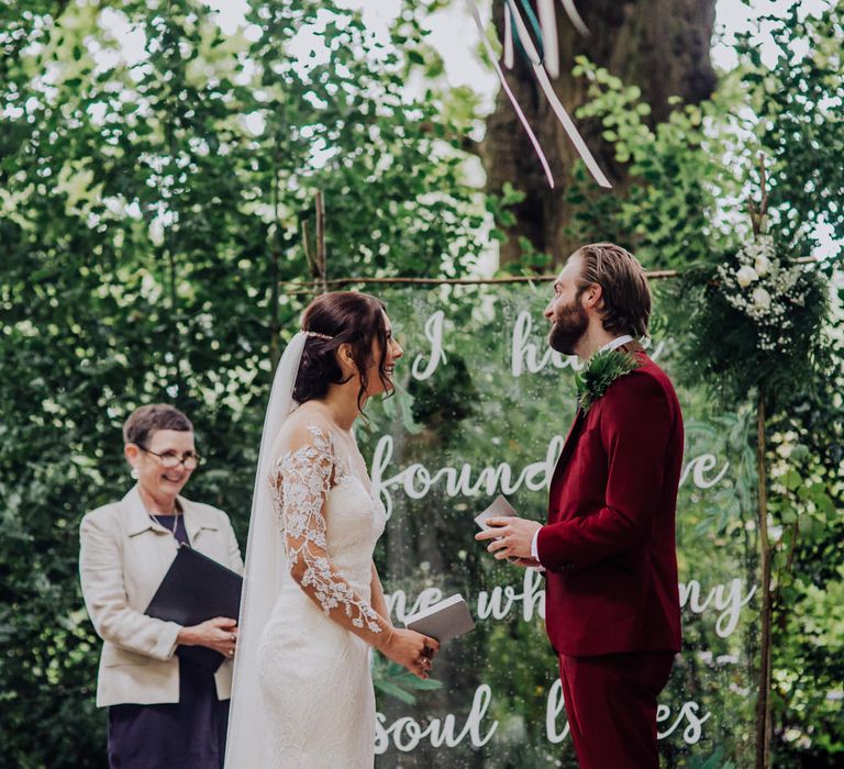 Outdoor Wedding Ceremony | Bride in Rosa Clara Naim Bridal Gown | Groom in Bespoke Burgundy Suit | Stylish Woodland Wedding in Cheshire | Clara Cooper Photography | Story Board Weddings Films