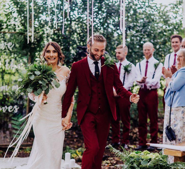 Outdoor Wedding Ceremony | Bride in Rosa Clara Naim Bridal Gown | Groom in Bespoke Burgundy Suit | Stylish Woodland Wedding in Cheshire | Clara Cooper Photography | Story Board Weddings Films