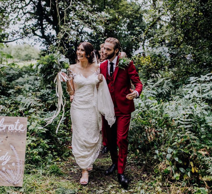 Outdoor Wedding Ceremony | Bride in Rosa Clara Naim Bridal Gown | Groom in Bespoke Burgundy Suit | Stylish Woodland Wedding in Cheshire | Clara Cooper Photography | Story Board Weddings Films