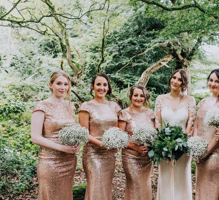 Bridesmaids in Gold Sequin Gowns | Bride in Rosa Clara Naim Bridal Gown | Stylish Woodland Wedding in Cheshire | Clara Cooper Photography | Story Board Weddings Films