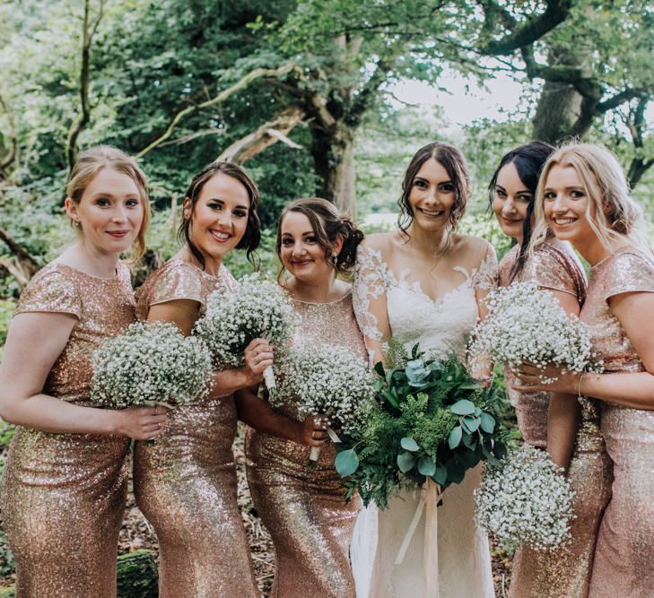 Bridesmaids in Gold Sequin Gowns | Bride in Rosa Clara Naim Bridal Gown | Stylish Woodland Wedding in Cheshire | Clara Cooper Photography | Story Board Weddings Films