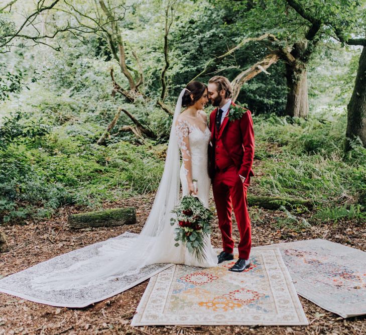 Bride in Rosa Clara Naim Bridal Gown | Groom in Bespoke Burgundy Suit | Stylish Woodland Wedding in Cheshire | Clara Cooper Photography | Story Board Weddings Films