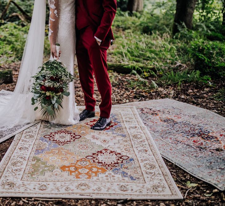 Persian Rugs | Bride in Rosa Clara Naim Bridal Gown | Groom in Bespoke Burgundy Suit | Stylish Woodland Wedding in Cheshire | Clara Cooper Photography | Story Board Weddings Films