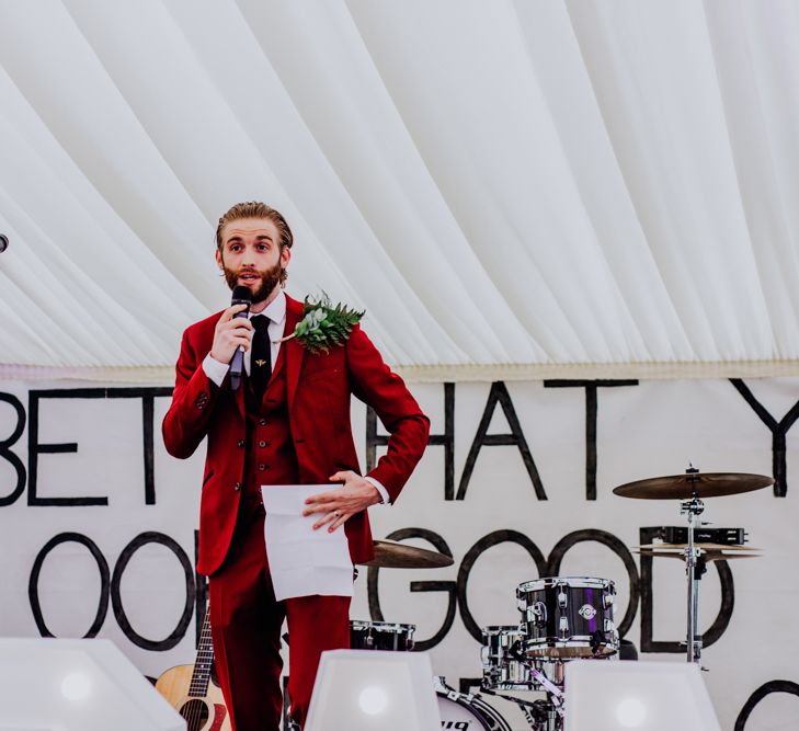 Speeches | Groom in Bespoke Burgundy Suit | Stylish Woodland Wedding in Cheshire | Clara Cooper Photography | Story Board Weddings Films