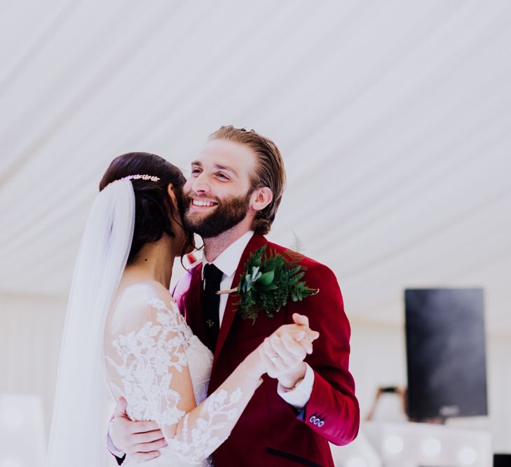 First Dance | Bride in Rosa Clara Naim Bridal Gown | Groom in Bespoke Burgundy Suit | Stylish Woodland Wedding in Cheshire | Clara Cooper Photography | Story Board Weddings Films