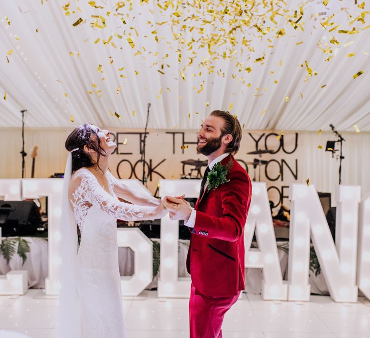 First Dance | Bride in Rosa Clara Naim Bridal Gown | Groom in Bespoke Burgundy Suit | Stylish Woodland Wedding in Cheshire | Clara Cooper Photography | Story Board Weddings Films