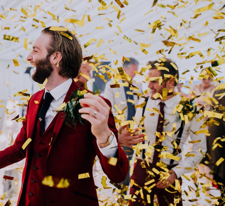 Confetti Canon | Bride in Rosa Clara Naim Bridal Gown | Groom in Bespoke Burgundy Suit | Stylish Woodland Wedding in Cheshire | Clara Cooper Photography | Story Board Weddings Films