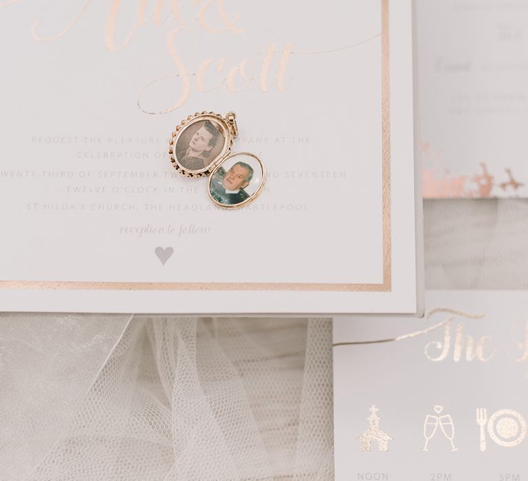 Copper Foil Wedding Stationery | Elegant Black Tie Wedding with White Flowers at The Cleveland Tontine, North Yorkshire | Georgina Harrison Photography