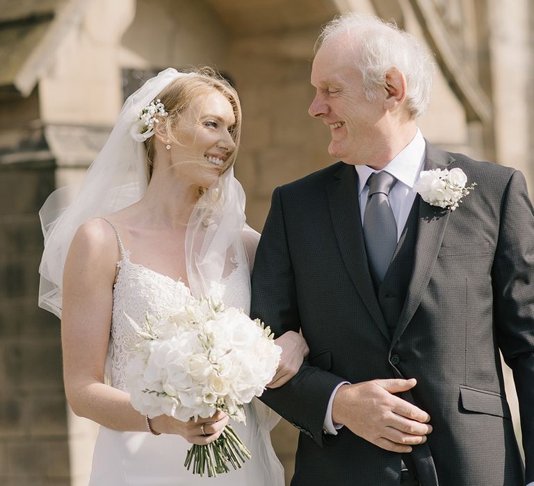 Bride in Enzoani Juri Bridal Gown | Father of the Bride | Elegant Black Tie Wedding with White Flowers at The Cleveland Tontine, North Yorkshire | Georgina Harrison Photography