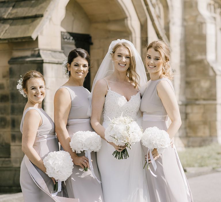 Bridal Party | Bridesmaids in Grey ASOS Dresses | Bride in Enzoani Juri Bridal Gown | Elegant Black Tie Wedding with White Flowers at The Cleveland Tontine, North Yorkshire | Georgina Harrison Photography