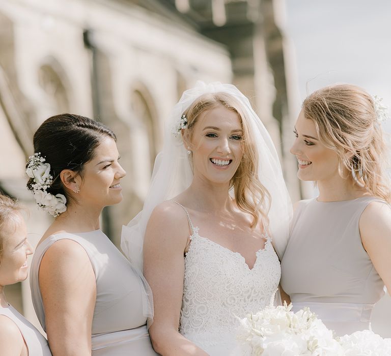 Bridal Party | Bridesmaids in Grey ASOS Dresses | Bride in Enzoani Juri Bridal Gown | Elegant Black Tie Wedding with White Flowers at The Cleveland Tontine, North Yorkshire | Georgina Harrison Photography