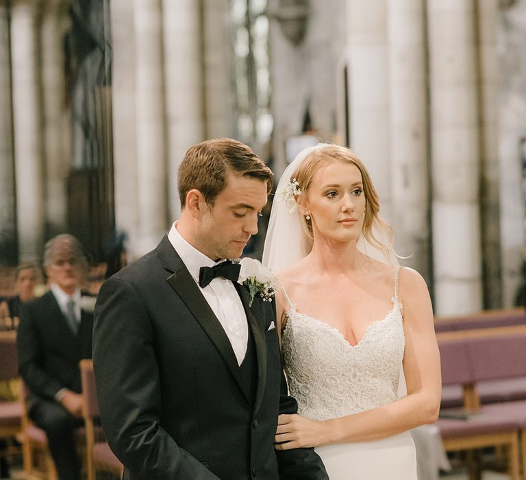 Church Wedding Ceremony | Bride in Enzoani Juri Bridal Gown | Groom in Black Tie | Elegant Black Tie Wedding with White Flowers at The Cleveland Tontine, North Yorkshire | Georgina Harrison Photography