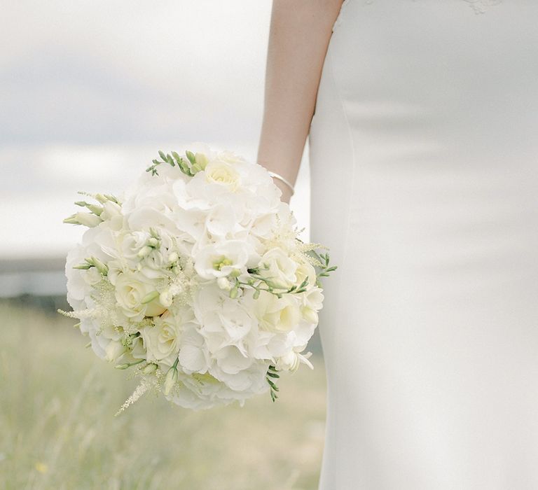 White on White Bridal Bouquet | Bride in Enzoani Juri Bridal Gown | Elegant Black Tie Wedding with White Flowers at The Cleveland Tontine, North Yorkshire | Georgina Harrison Photography