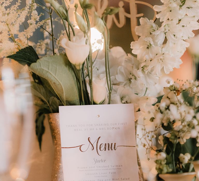 Copper Foil Table Menu Card | Elegant Black Tie Wedding with White Flowers at The Cleveland Tontine, North Yorkshire | Georgina Harrison Photography